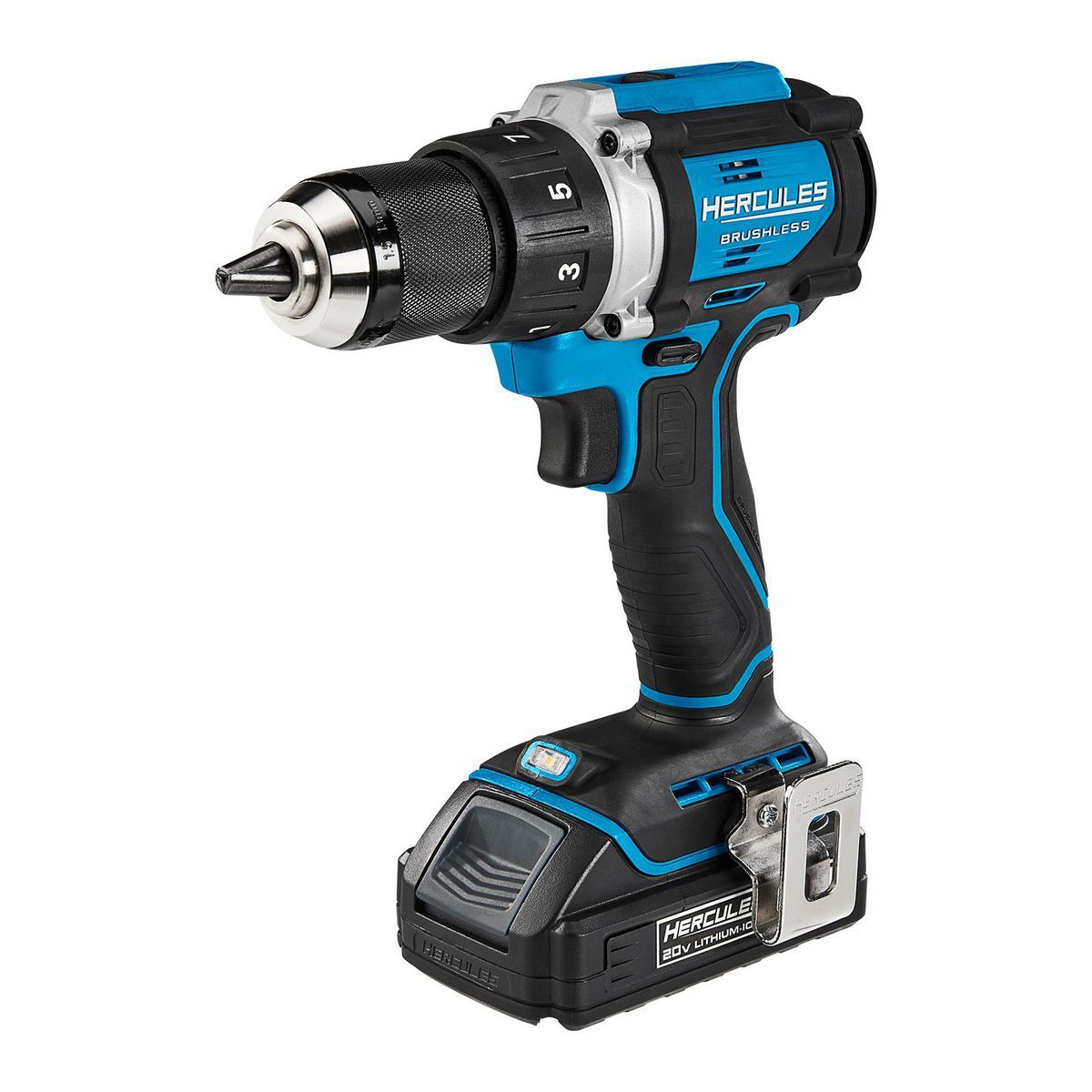 Kit inalámbrico Hercules 20V Brushless de 1/2 pulgadas con taladro/destornillador, mango lateral, batería de 2 Ah y cargador - 70067.
