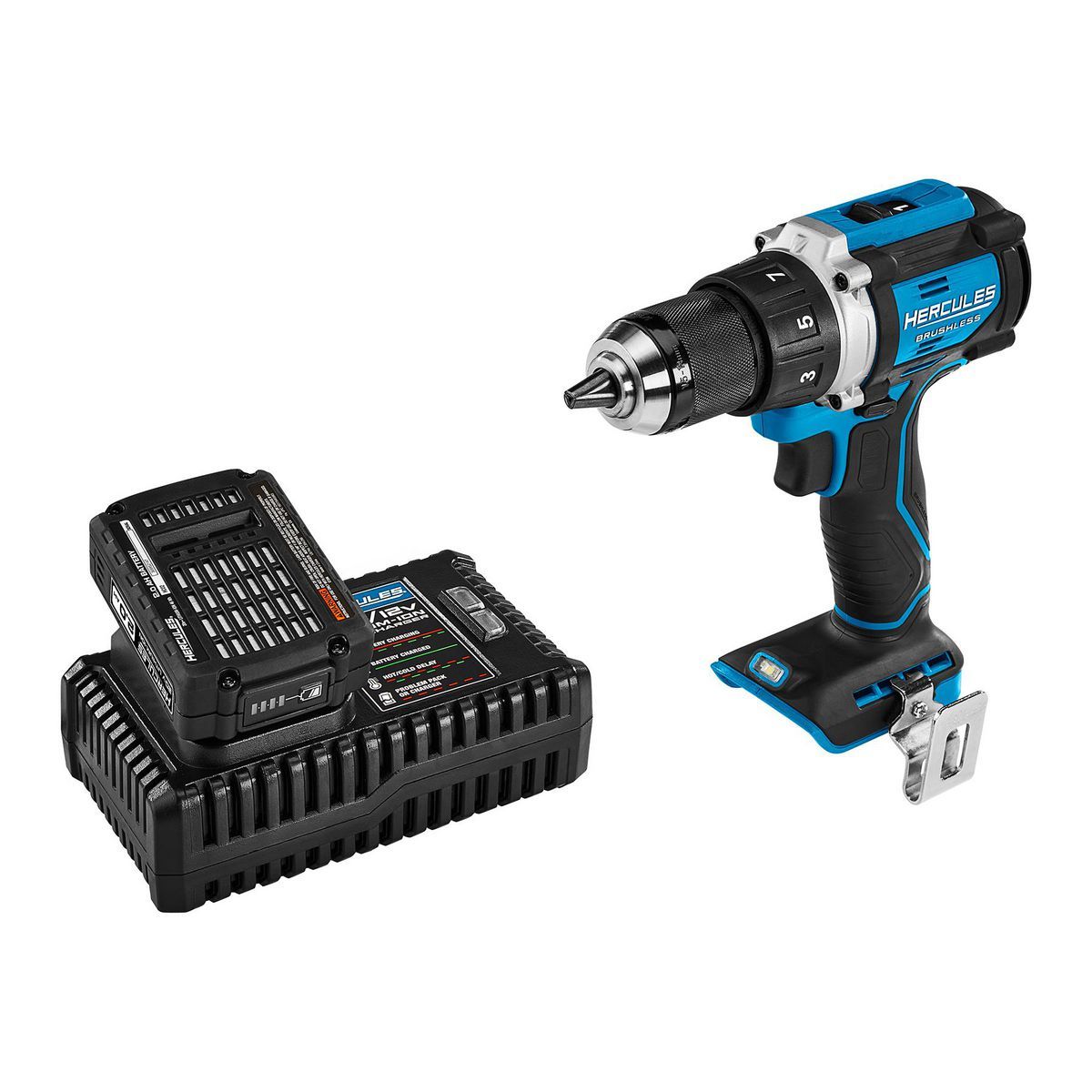 Kit inalámbrico Hercules 20V Brushless de 1/2 pulgadas con taladro/destornillador, mango lateral, batería de 2 Ah y cargador - 70067.