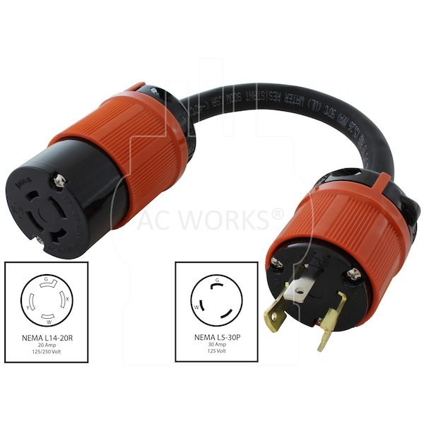 Ac Works 1.5FT L5-30P 3-Prong 30A Plug to L14-20R 20A 125/250V 4-Prong Connector - L530L1420-018