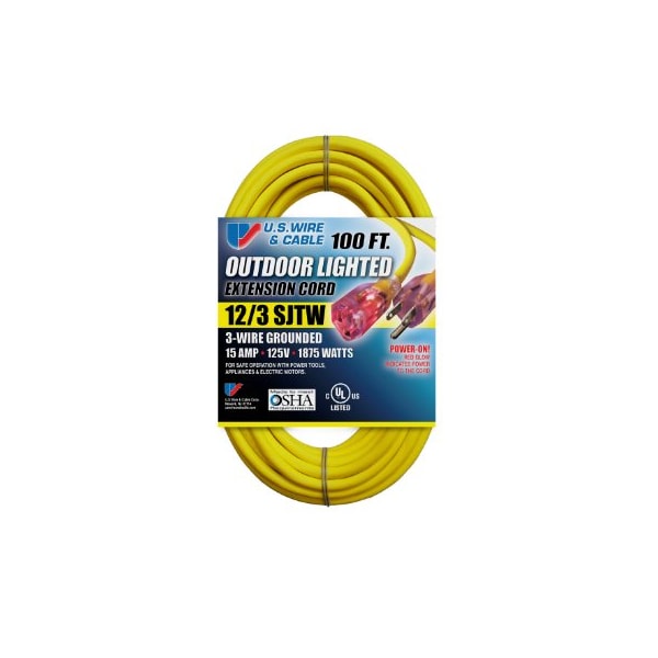 U.S. Wire & Cable SJTW Extension Cord, 12 AWG, 12/3, Yellow, 5-15P, 100 ft - 74100