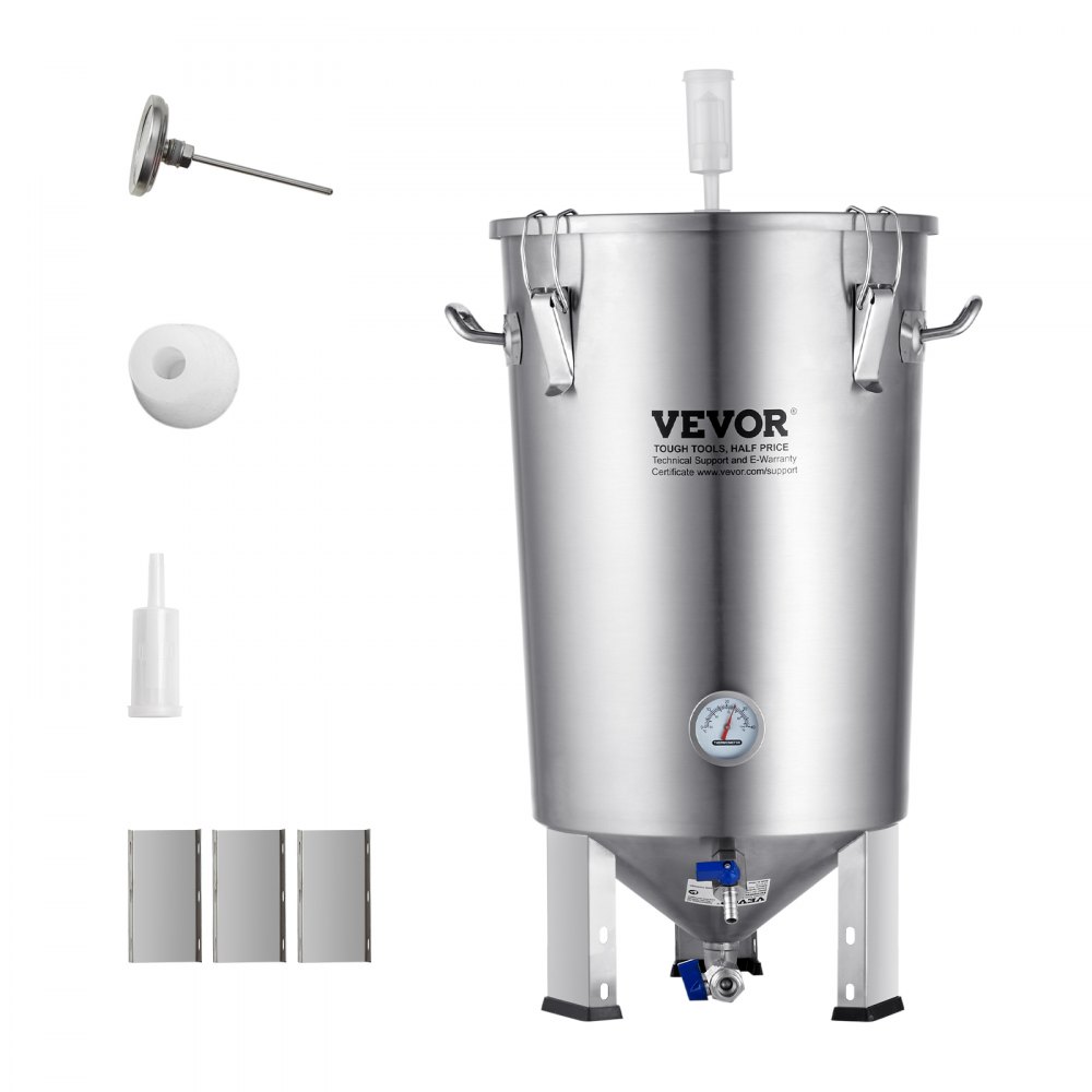 VEVOR 304 Stainless Steel Kettle, 8 GALLON Beer Brew Fermentor, Brew Bucket Fermentor for Brewing, Home Brewing Supplies with Base, Kettle Stock Pot Includes Lid, Handle, Valve, Spigot, Thermometer - PJFJT8GALZDTJDCKHV0