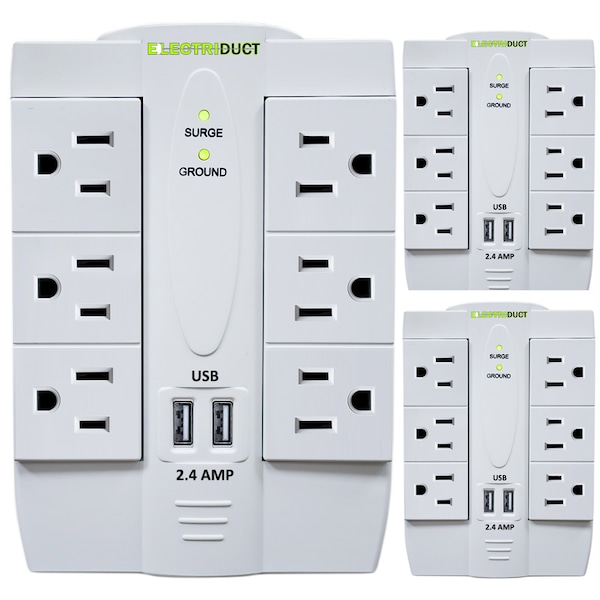 Electriduct Power Surge Protector- 6 Swivel AC Outlets and 2 USB Ports - PDC-SWIVEL-6P-2U-WT-3PK