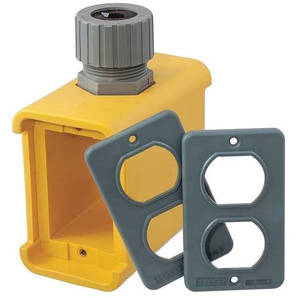 Hubbell Wiring Device-Kellems Portable Outlet Box, 2 Gangs, 1 in Hub Size, 2 Inlets, 5 in L, 2.77 in W, Thermoplastic, Yellow - HBL3000