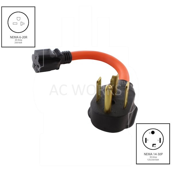 Ac Works STW 10/3 4-Prong Dryer 14-30P Male Plug to 6-15/20R 15/20A 250V Connector - S1430620-012
