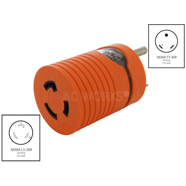 Ac Works Generator Adapter RV 30A TT-30P to L5-20R 20A 3-Prong Locking Connector - ADTTL520