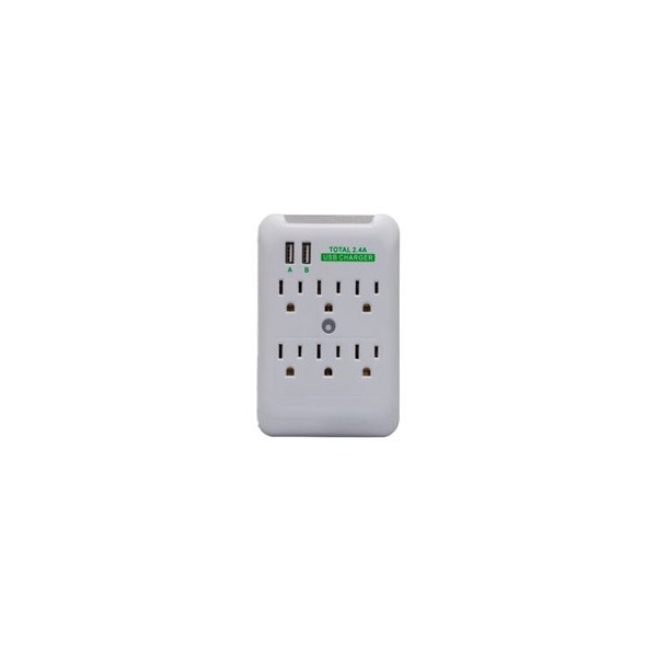Swe-Tech 3C 6-Outlet Surge Protector Wall Tap with Dual USB A Charging Ports - 2.4A Total, White - FWT50W1-30101
