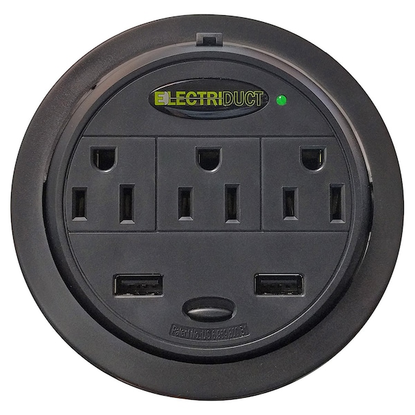 Electriduct Power Tap Grommet with Power Center(3 Power, 2 USB)- Black - PDC-SW-GMPT-USB-10PK