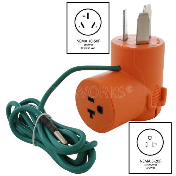 Ac Works 50A 125/250V NEMA 10-50 3-Prong Old Style Range/Welder Plug to NEMA 5-20 Household Connector - AD1050520