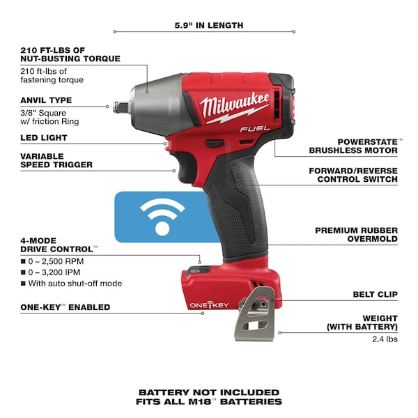 Milwaukee Tool M18 FUEL w/ONE-KEY 3/8" Compact Impact Wrench w/ Friction Ring, Includes Battery (2 Ah) - 2758-20, 48-11-1820