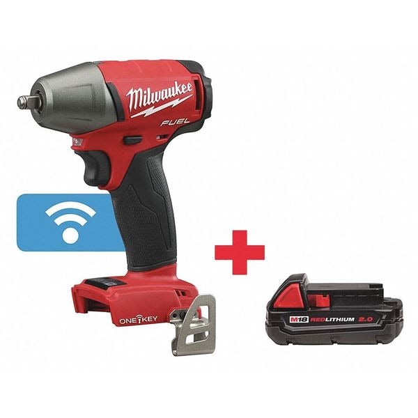 Milwaukee Tool M18 FUEL w/ONE-KEY 3/8" Compact Impact Wrench w/ Friction Ring, Includes Battery (2 Ah) - 2758-20, 48-11-1820
