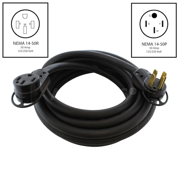 Ac Works SOOW; Cold Weather Extension Cord, 6 AWG, Indoor/Outdoor, 6/4, 1 Outlets, 14-50R, Black, 14-50P - 1450PR-RU-075