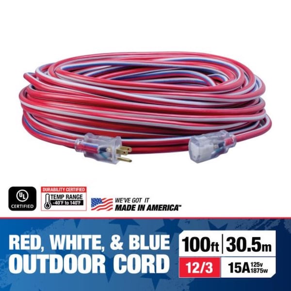 Coleman Cable SJTW Extension Cord, 12 AWG, Indoor/Outdoor, 12/3, 100 ft - 2549SW0041