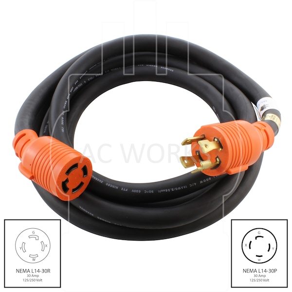 Ac Works SOOW; Cold Weather Extension Cord, 10 AWG, Indoor/Outdoor, 10/4, 1 Outlets, Black, Rubber, L14-30P - L1430PR-010