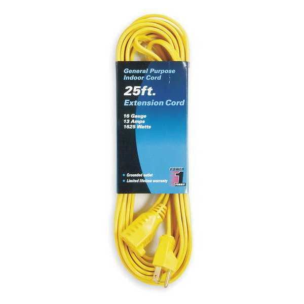 Power First SPT-2 Extension Cord, 16 AWG, Indoor, 16/3, 1 Outlets, 5-15R, Yellow, PVC, 5-15P, 25 ft - 1FD58