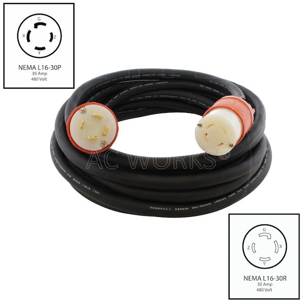 Ac Works SOOW Extension Cord, 10 AWG, Indoor/Outdoor, 10/4, 1 Outlets, L16-30R, Black, Rubber, L16-30P - L1630PR-050