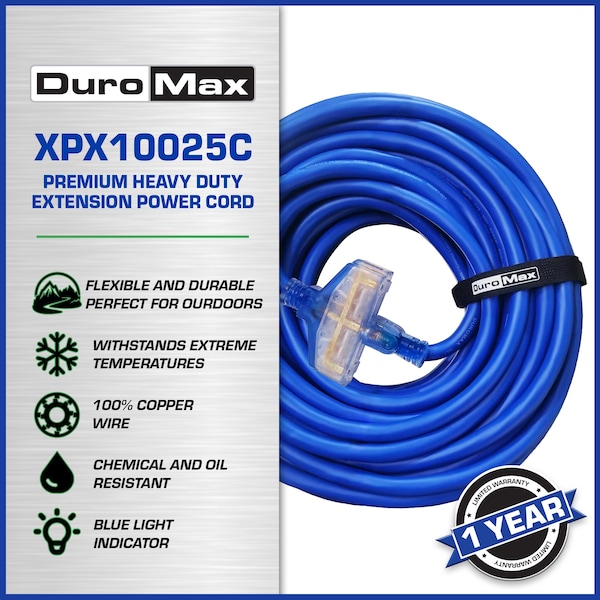 Duromax SJEOOW Extension Cord, 10 AWG, Indoor/Outdoor, 3 Outlets, Blue, PVC, 25 ft - XPX10025C