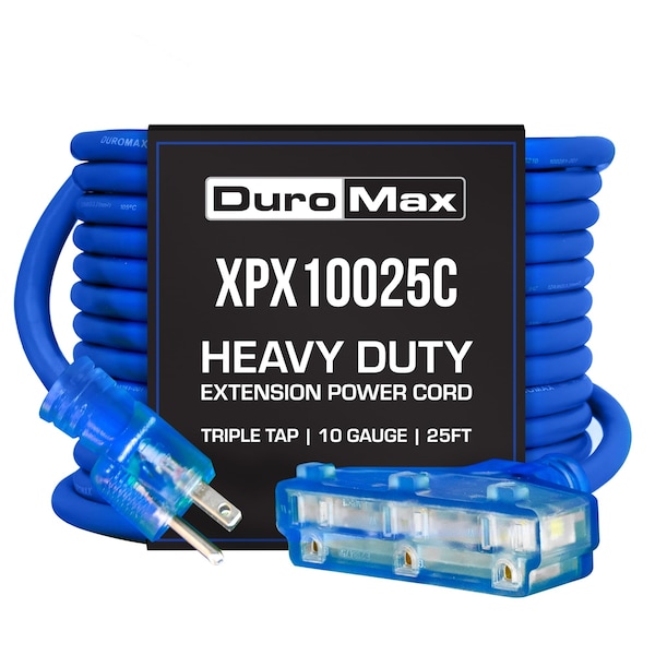 Duromax SJEOOW Extension Cord, 10 AWG, Indoor/Outdoor, 3 Outlets, Blue, PVC, 25 ft - XPX10025C