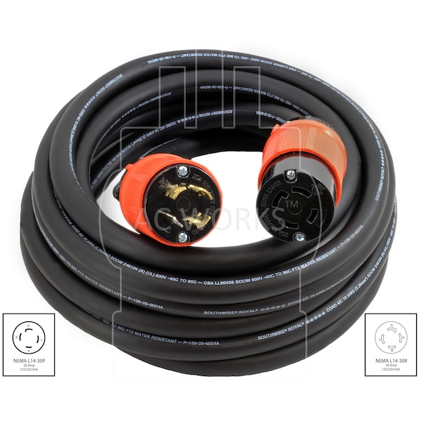 Ac Works SOOW; Cold Weather Extension Cord, 10 AWG, Indoor/Outdoor, 10/4, 1 Outlets, Black, Rubber, Nylon - L1430PR-050