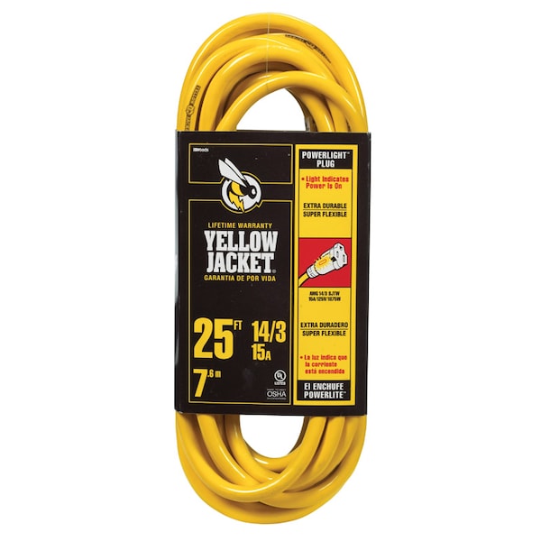 Yellow Jacket SJTW Extension Cord, 14 AWG, Outdoor, 14/3, 1 Outlets, Yellow, PVC, 25 ft - 2886AC