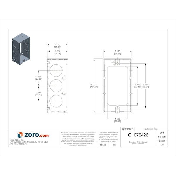 Raco Extension Ring, 1 Gang, Steel, Outlet Box Type - 653