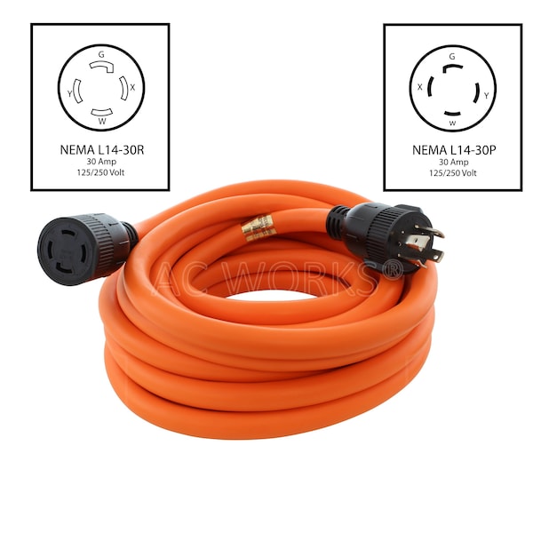 Ac Works STW; Cold Weather Extension Cord, 10 AWG, Indoor/Outdoor, 10/4, 1 Outlets, L14-30R, Orange, PVC - L1430EX-050