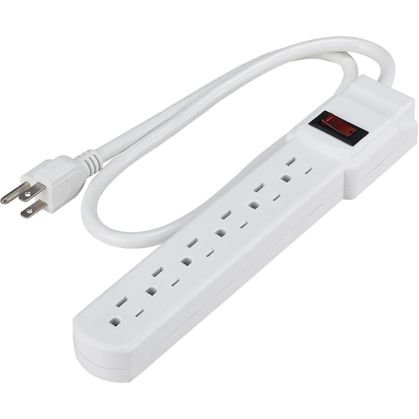 Global Industrial 6 outlet Power Strip, 2.5' Cord, 14/3C, Lighted Switch, 15A, 125V, 1875W, White, UL/CUL - 500802