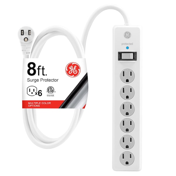 Ge GE 6 Outlet Surge Protector, 8 Ft Cord, 800 Joules, White, 14014 - 14014