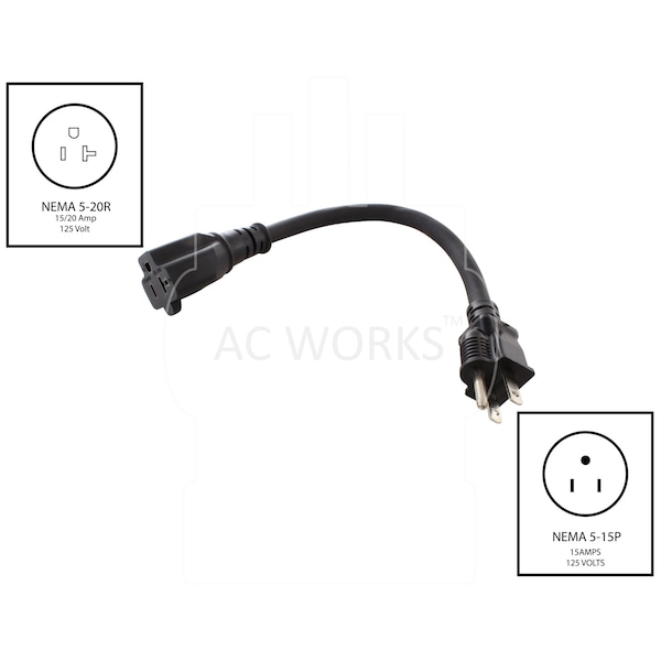 Ac Works 1Ft 15A to 20A Plug Adapter Cord NEMA 5-15P to 5-15/20R 20A T-Blade - S515520-012