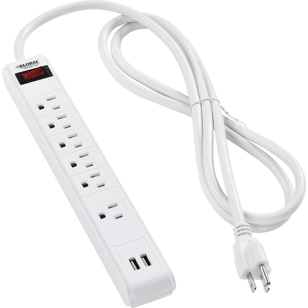 Global Industrial 12 5+1 Outlet Strip & Surge Protector w/USB Ports, 900 Joules, 6-ft Cord, White - 501619