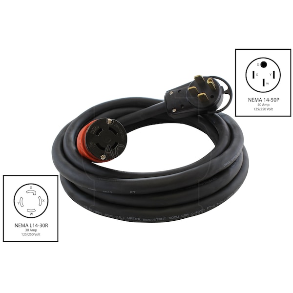 Ac Works 25ft 14-50P 50A Plug to L14-30R 4-Prong 30A Generator Locking Connector - S1450L1430-025