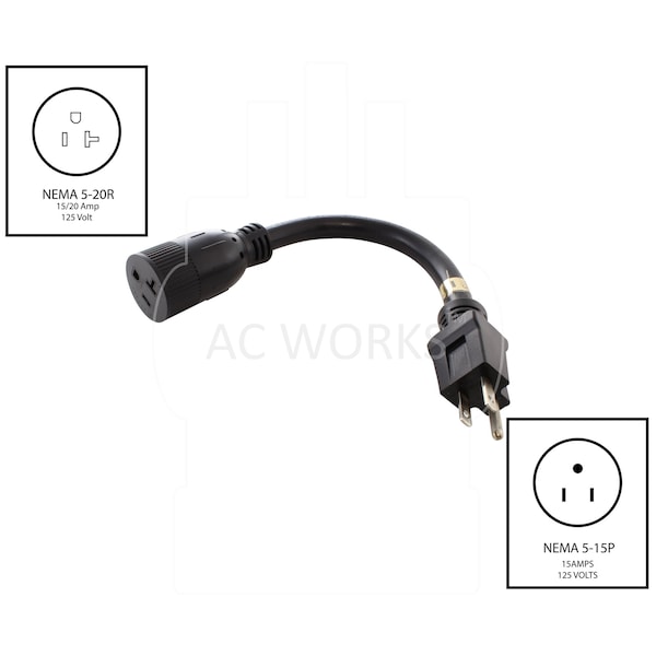 Ac Works 1FT STW 12/3 15A to 20A 125V UL Listed Adapter Cord 20A T-blade - 515520-012UL