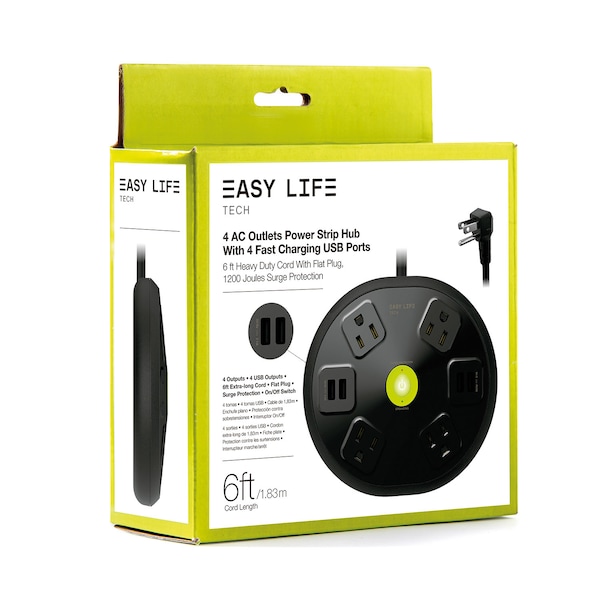 Easylife Tech Base Power Strip 4 Outlet 4 USB 1200 J Surge Protection with 6 ft Cord - 0-2514-N