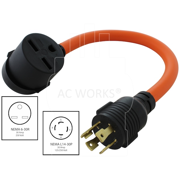 Ac Works L14-30P 4-Prong 30A Generator Plug to 6-30R 3-Prong 30 Amp 250 Volt HVAC Female Adapter - L1430630-018