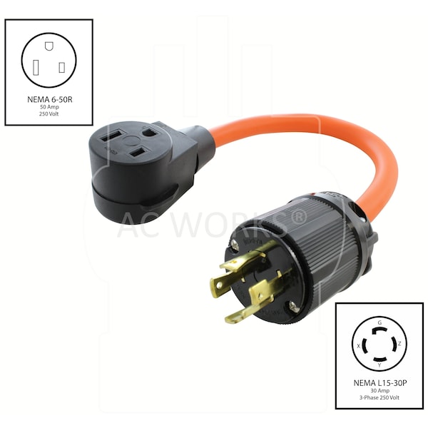Ac Works 1.5FT 4-Prong 3-Phase 30A 250V L15-30 Plug to NEMA 6-50R Welder Adapter - WDL1530650-018