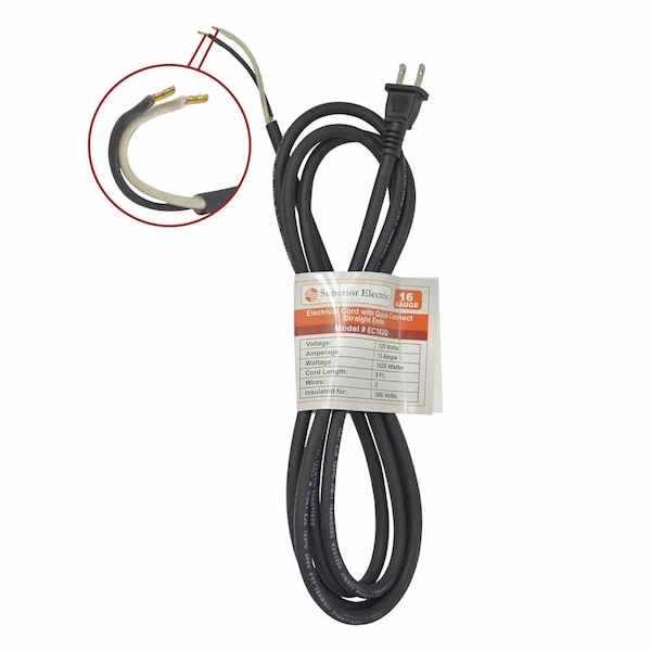 Superior Electric 9 Feet 16 AWG SJO 2 Wire 125 Volt Electrical Cord with Quick Connect Straight Ends - EC162Q