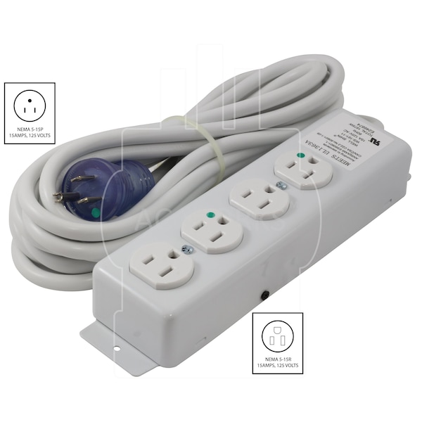 Ac Works 15FT 15A 14/3 Medical/ Hospital Grade Power Strip with 4 Outlets - MD203-15