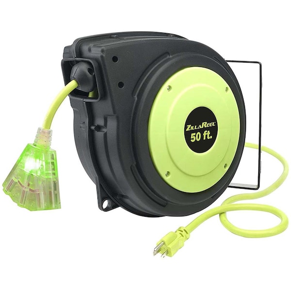 Flexzilla 50 ft. 14-3 AWG SJTOW Grounded Triple Tap Outlet Indoor & Dry Locations Extension Cord Reel - FL600045