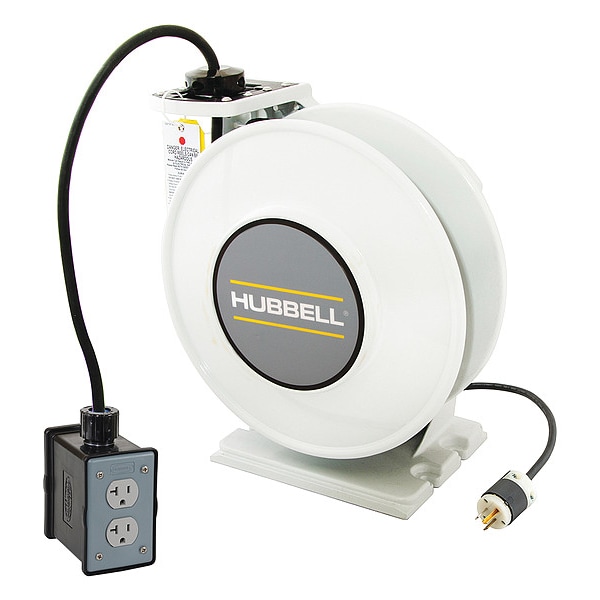 Hubbell Wiring Device-Kellems White Industrial Reel with Black Portable Outlet Box and (2) 20A Duplex Receptacles, UL Type 1, 45 Ft, #12/3 SJO, 20 A, 125 VAC - HBLI45123R220M1
