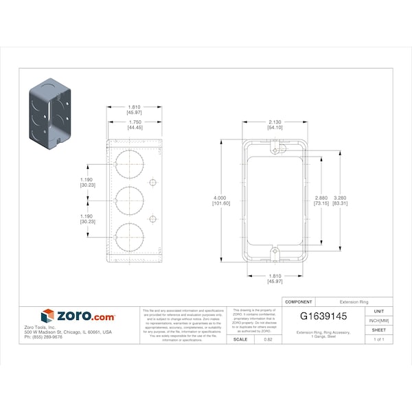 Raco Extension Ring, 1 Gang, Steel, Handy Box Type - 665