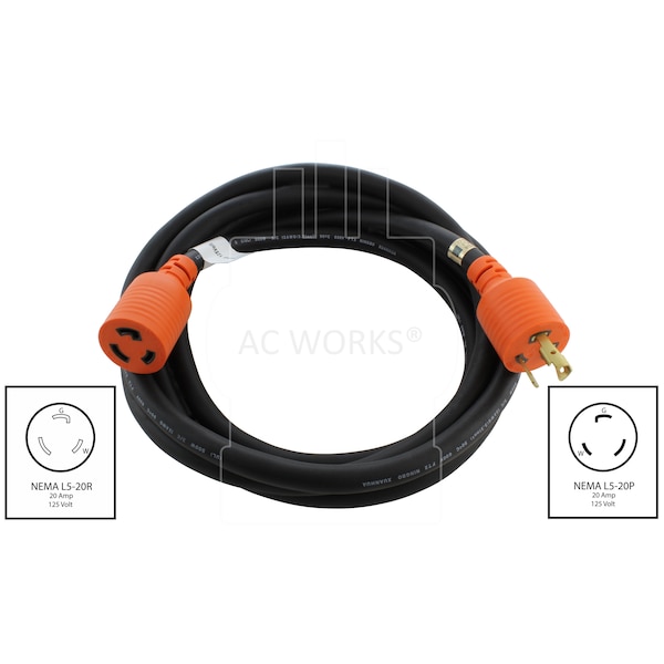 Ac Works SOOW; Cold Weather Extension Cord, 12 AWG, Indoor/Outdoor, 12/3, 1 Outlets, Black, Rubber, L5-20P - L520PR-010