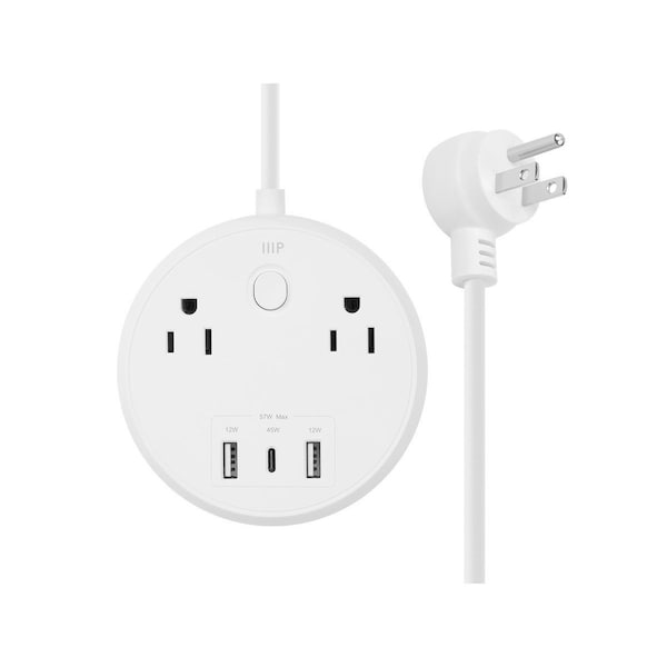 Monoprice USB-C Power Strip Pad 2 Outlets and 57W 3 USB, 2x 12W USB-A 1x 45W USB-C - 41809
