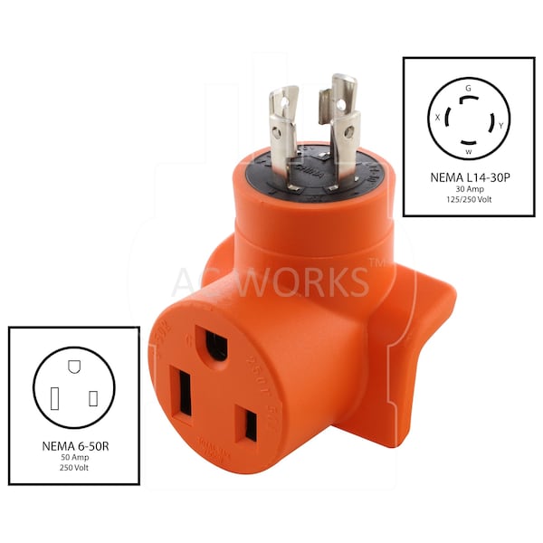 Ac Works 30A 4-Prong L14-30P Generator Plug to 6-50R 50A 250V Welder Adapter - WDL1430650