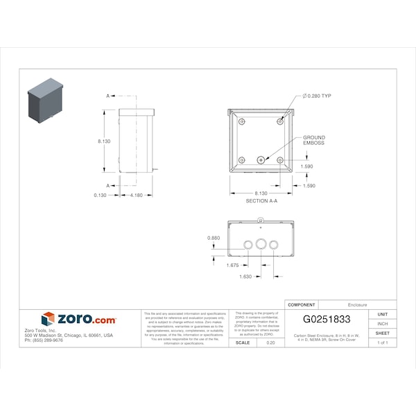 Wiegmann Wall Mount Electrical Enclosure, Screw On, Metallic, 8 in H, 8 in W, 4 in D, NEMA 3R, Carbon Steel - RSC080804