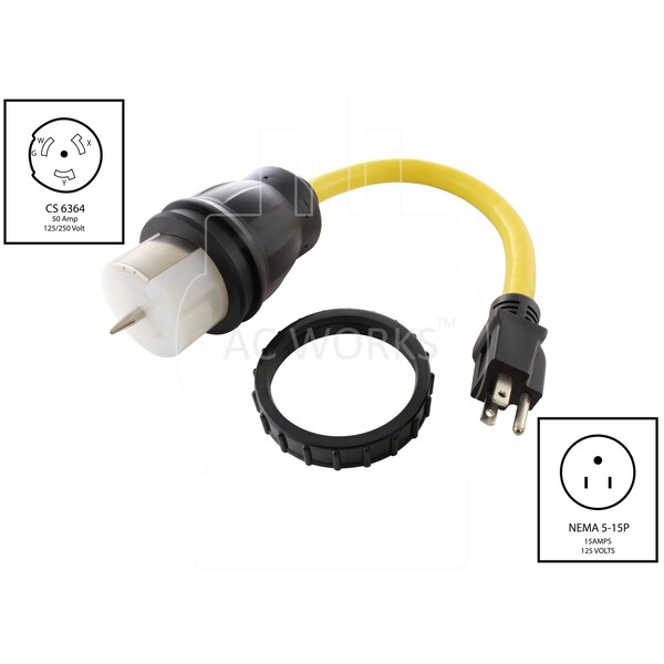 Ac Works Transfer Switch/Temp Power 15A Plug to CS6364 2 hots bridged 50A Female - TES515-018