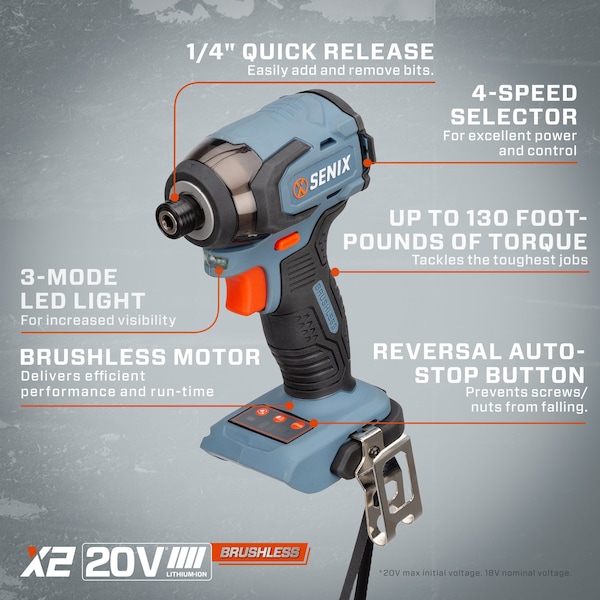 Senix 20 Volt Max Brushless 1/4-in. Impact Driver, Brushless Motor, 2 Ah Battery, 2A Charger - PDIX2-M2