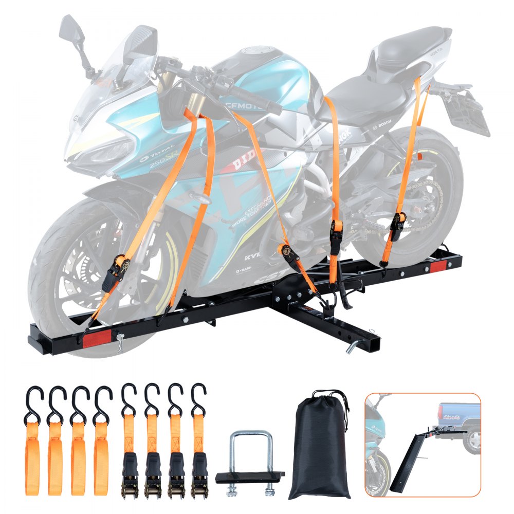 VEVOR Motorcycle Carrier, 600 LBS Steel Motorcycle Carrier Hitch Mount with Loading Ramp, Scooter Dirt Bike Trailer Hauler with Ratchet Straps and Stabilizer, for Car, Truck with 2" Hitch Receiver - MTCYSJGZZ6001T5N3V0