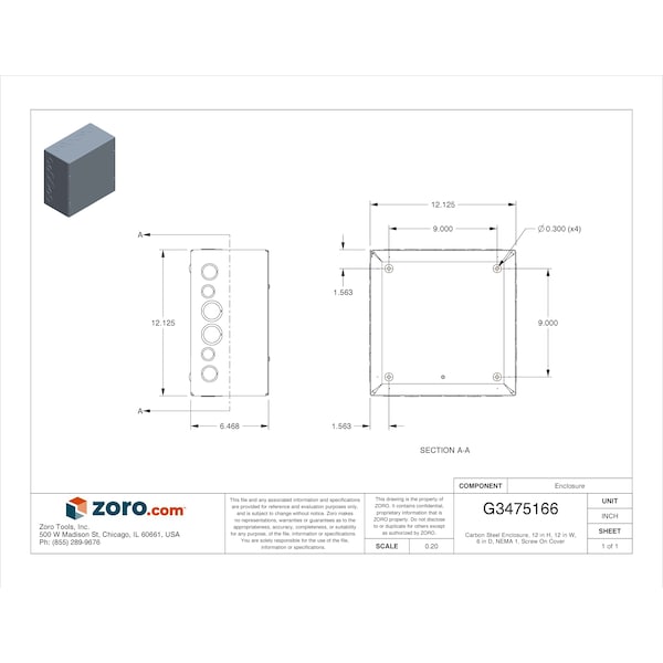 Wiegmann Wall Mount Electrical Enclosure, Screw On, Metallic, 12 in H, 12 in W, 6 in D, NEMA 1, Carbon Steel - SC121206