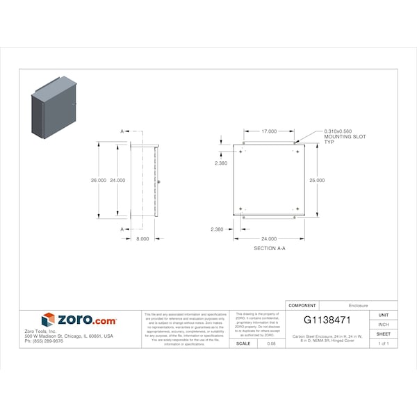 Wiegmann Carbon Steel Electrical Enclosures, 24 in H, 8 in D, 24 in W, NEMA 3R, Hinged - RHC242408