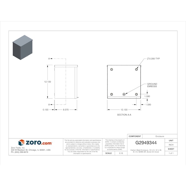 Wiegmann Carbon Steel Electrical Enclosures, 12 in H, 8 in D, 12 in W, NEMA 3R, Screw On - RSC121208