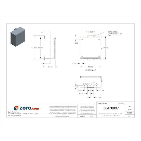 Wiegmann Carbon Steel Electrical Enclosures, 12 in H, 6 in D, 12 in W, NEMA 3R, Hinged - RHC121206